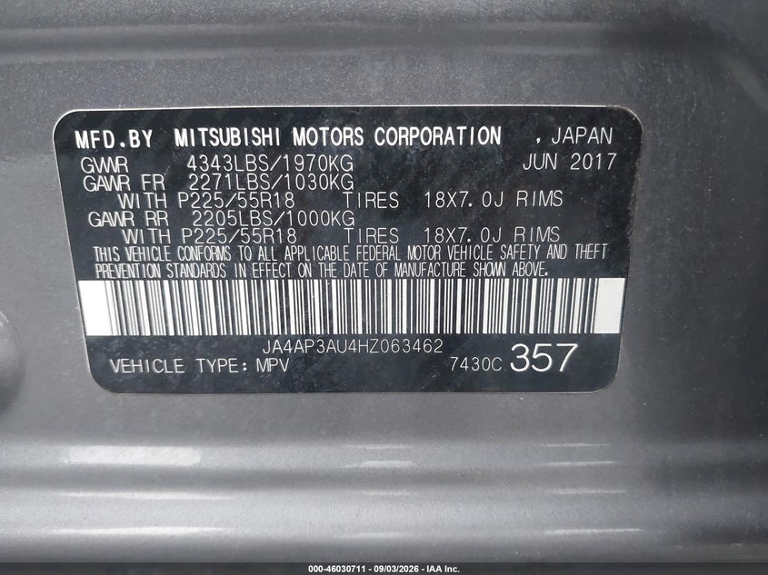 MITSUBISHI OUTLANDER SPORT 2017 VIN JA4AP3AU4HZ063462