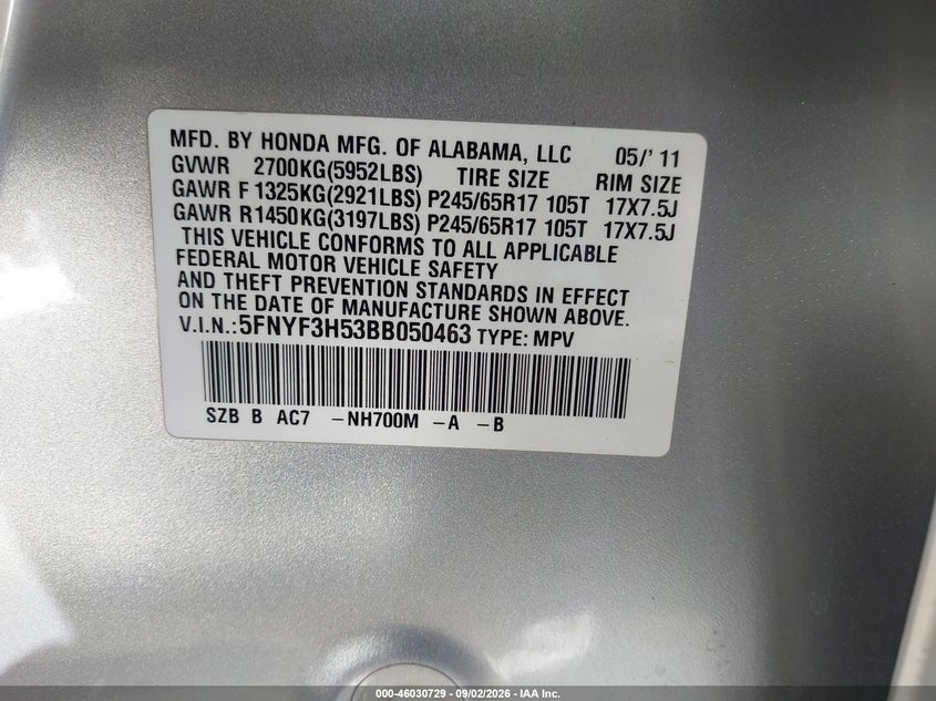 HONDA PILOT 2011 VIN 5FNYF3H53BB050463