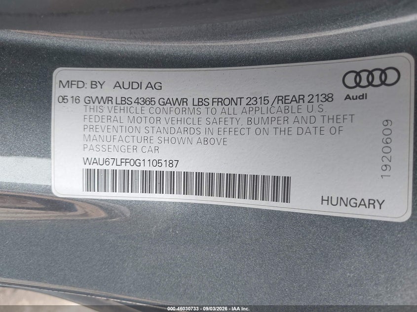 AUDI A3 2016 VIN WAU67LFF0G1105187