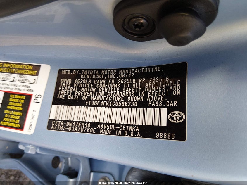 2012 TOYOTA CAMRY auction photo 7