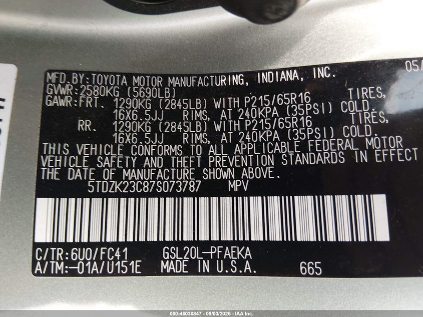 TOYOTA SIENNA 2007 VIN 5TDZK23C87S073787