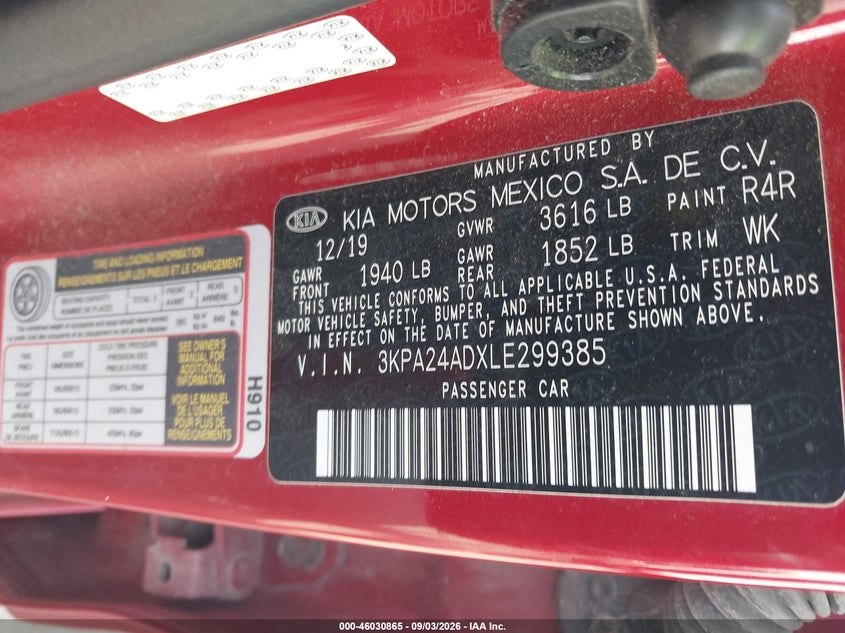 KIA RIO 2020 VIN 3KPA24ADXLE299385