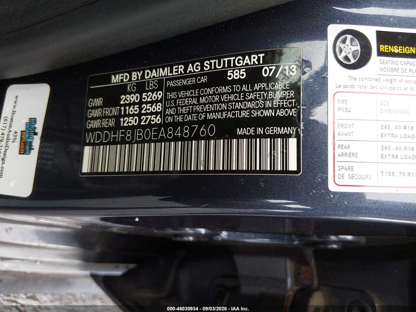 MERCEDES-BENZ E 350 2014 VIN WDDHF8JB0EA848760