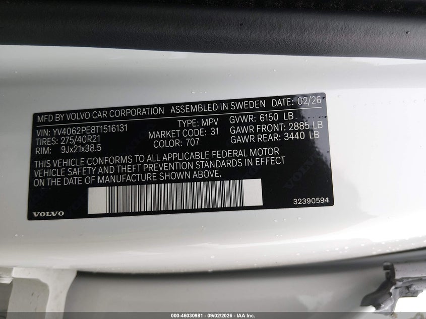 VOLVO XC90 2026 VIN YV4062PE8T1516131