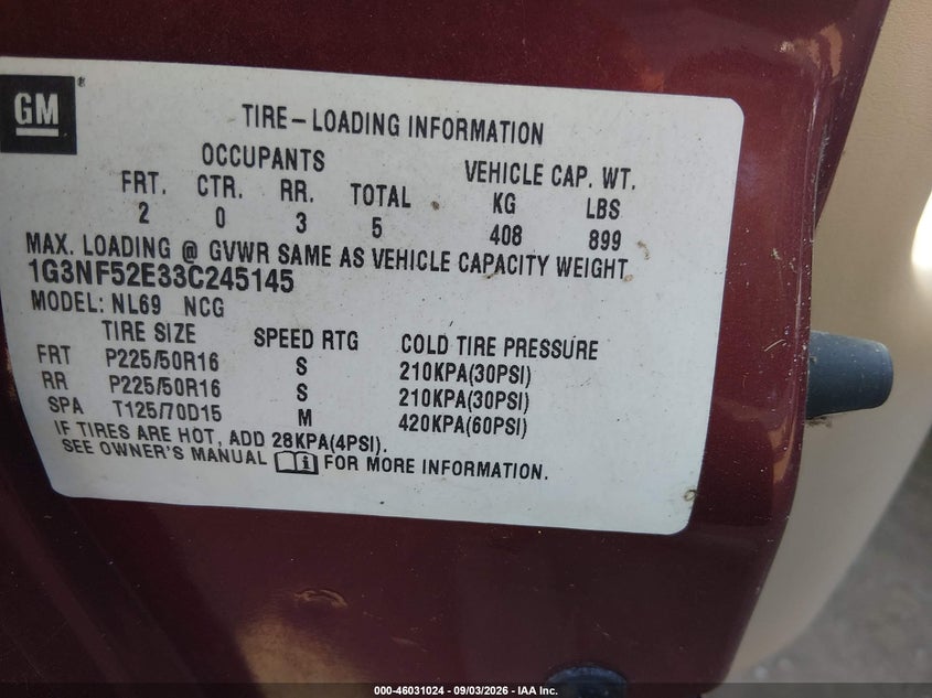 OLDSMOBILE ALERO 2003 VIN 1G3NF52E33C245145