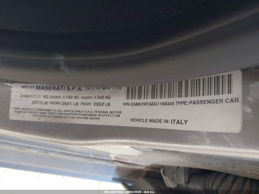 MASERATI GHIBLI 2016 VIN ZAM57RTA6G1168445