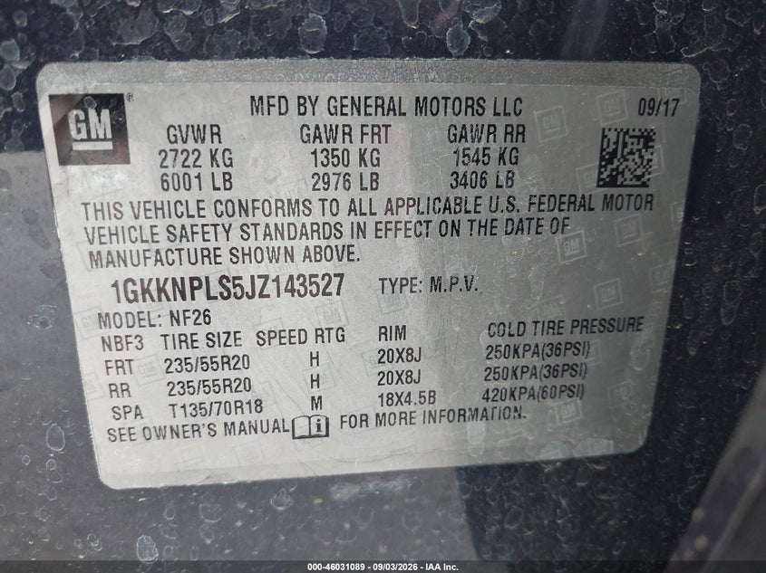 GMC ACADIA 2018 VIN 1GKKNPLS5JZ143527