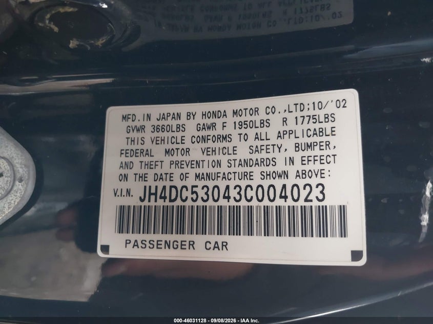 ACURA RSX 2003 VIN JH4DC53043C004023