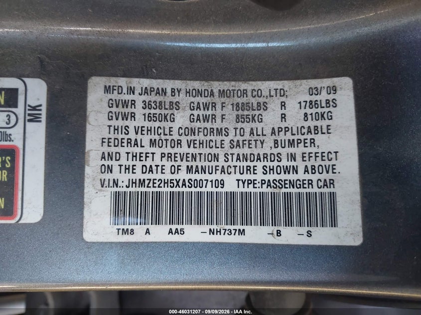 HONDA INSIGHT 2010 VIN JHMZE2H5XAS007109