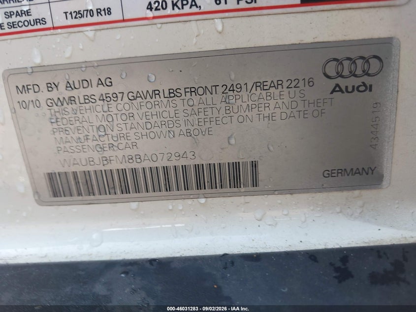 AUDI A3 2011 VIN WAUBJBFM8BA072943