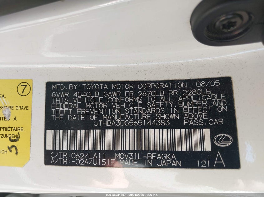 LEXUS ES 330 2006 VIN JTHBA30G565144383