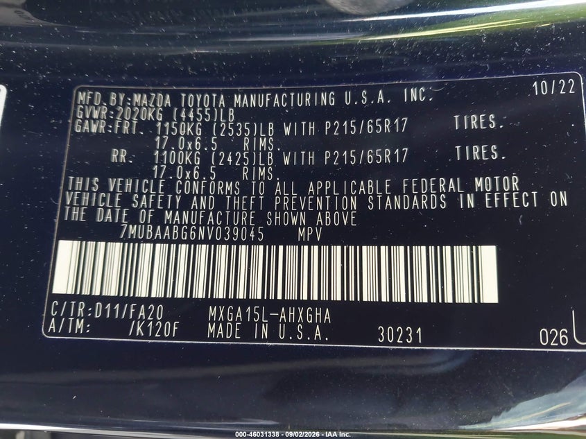 TOYOTA COROLLA CROSS 2022 VIN 7MUBAABG6NV039045