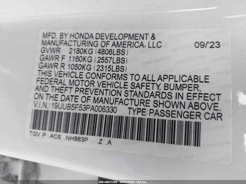 ACURA TLX 2023 VIN 19UUB5F53PA006330