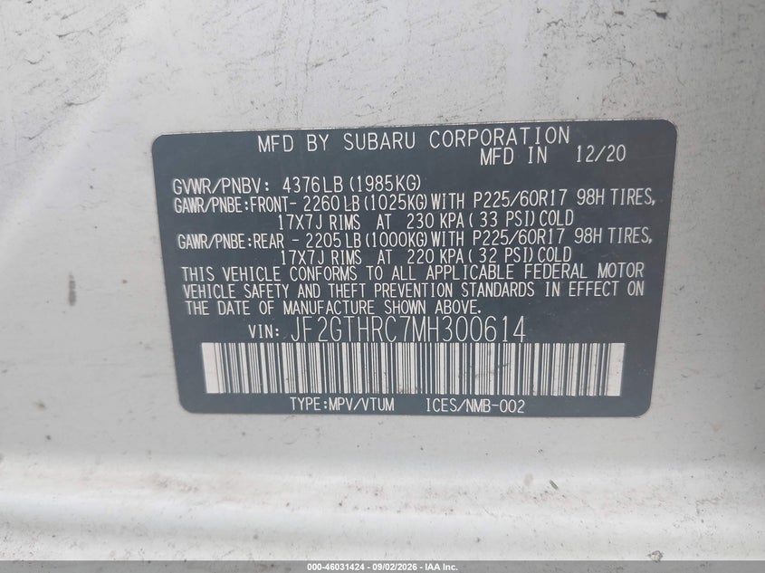 2021 SUBARU XV SPORT UTILITY VEHICLE 2.5L H-4 DI, DOHC, VVT, REGULAR , 182HP