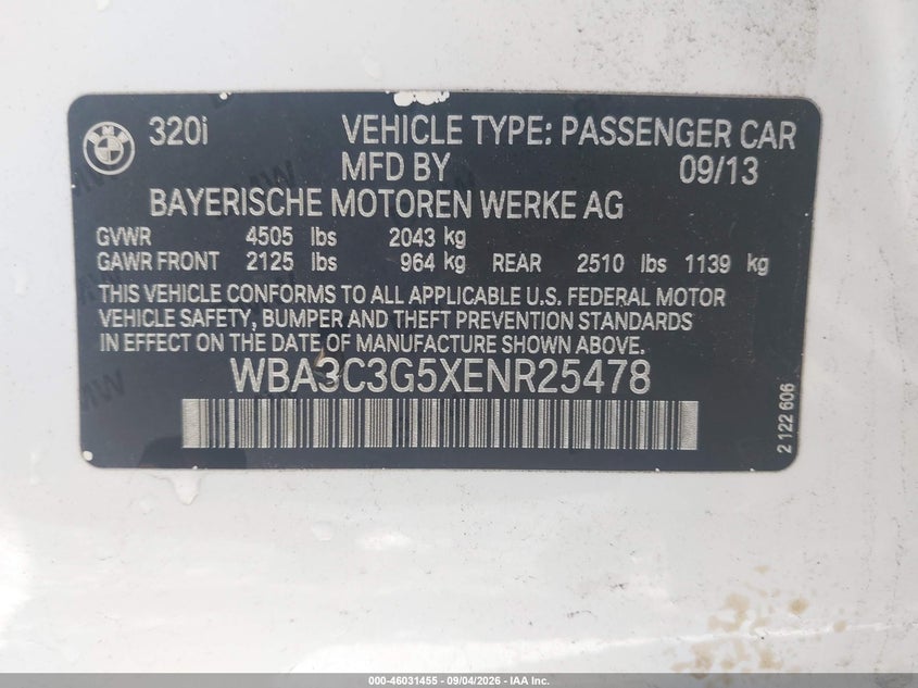 BMW 320I 2014 VIN WBA3C3G5XENR25478