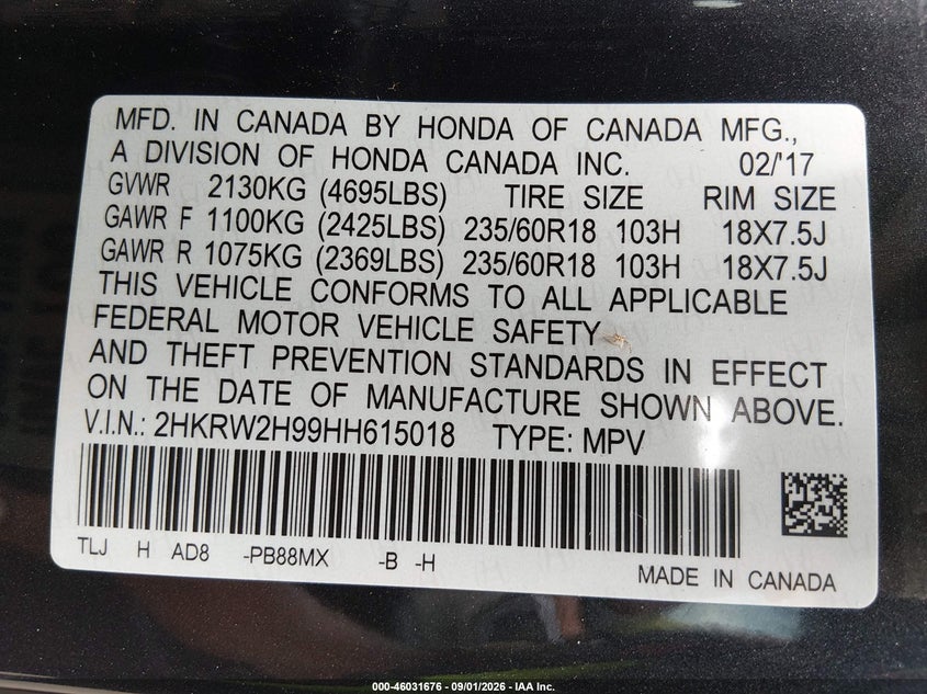 HONDA CR-V 2017 VIN 2HKRW2H99HH615018