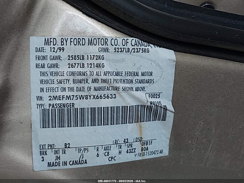MERCURY GRAND MARQUIS 2000 VIN 2MEFM75W8YX665633