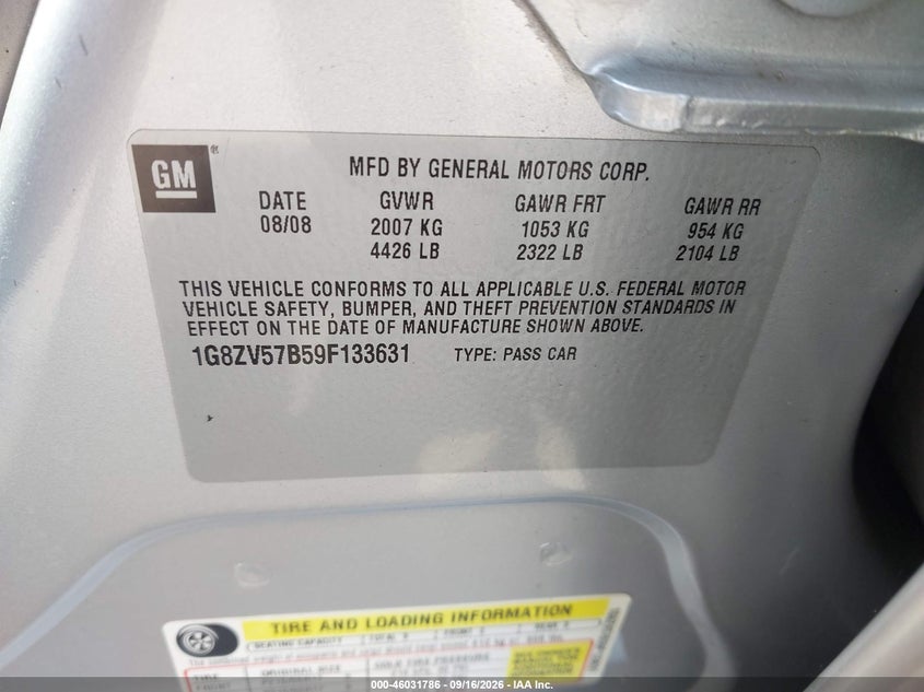 SATURN AURA 2009 VIN 1G8ZV57B59F133631