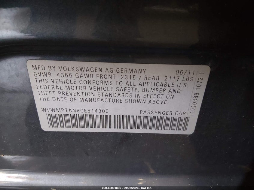 VOLKSWAGEN CC 2012 VIN WVWMP7AN8CE514900