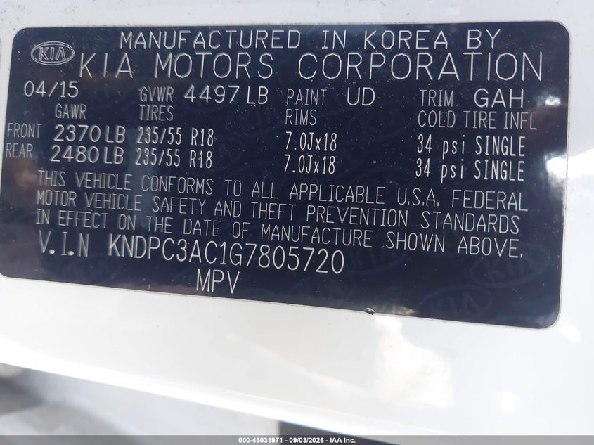 KIA SPORTAGE 2016 VIN KNDPC3AC1G7805720