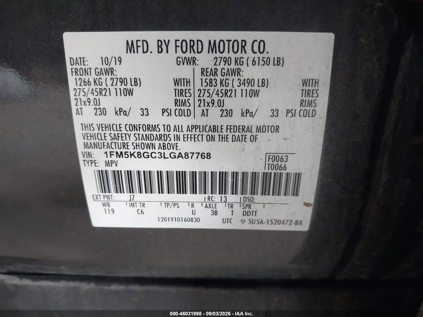 FORD EXPLORER 2020 VIN 1FM5K8GC3LGA87768