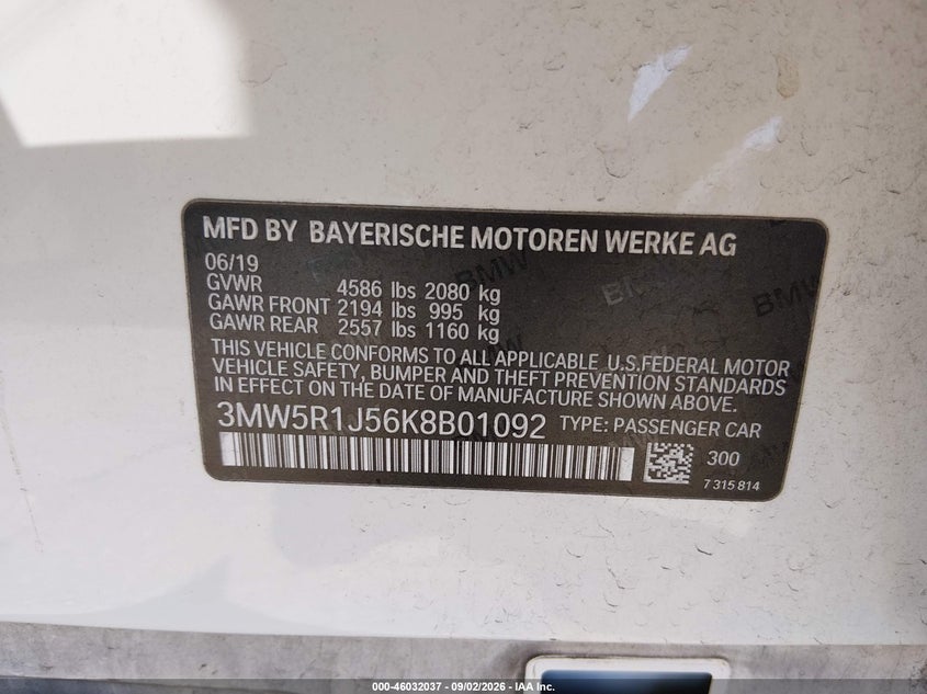 BMW 330I 2019 VIN 3MW5R1J56K8B01092