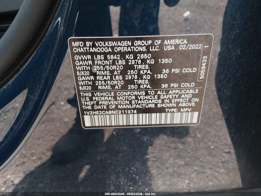 VOLKSWAGEN ATLAS CROSS SPORT 2022 VIN 1V2HE2CA8NC211374
