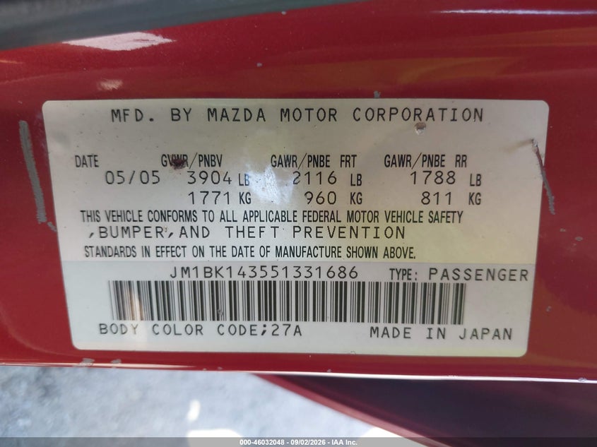 MAZDA MAZDA3 2005 VIN JM1BK143551331686