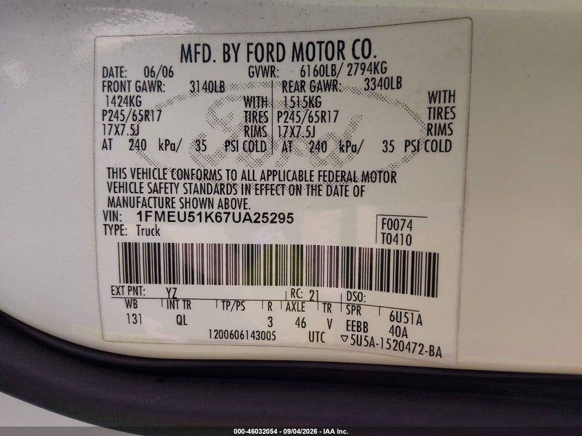 FORD EXPLORER SPORT TRAC 2007 VIN 1FMEU51K67UA25295