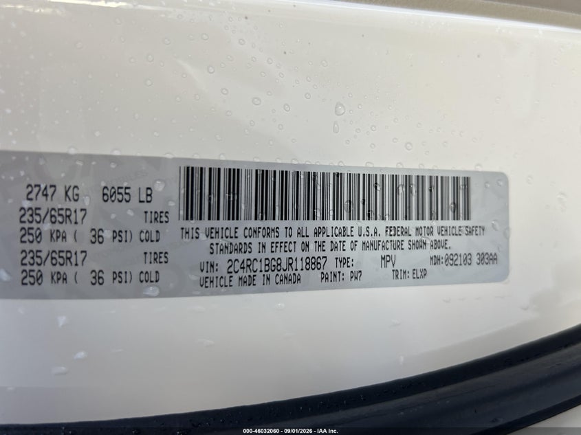 2018 CHRYSLER PACIFICA VAN 3.6L V-6 DOHC, VVT, REGULAR , 287HP