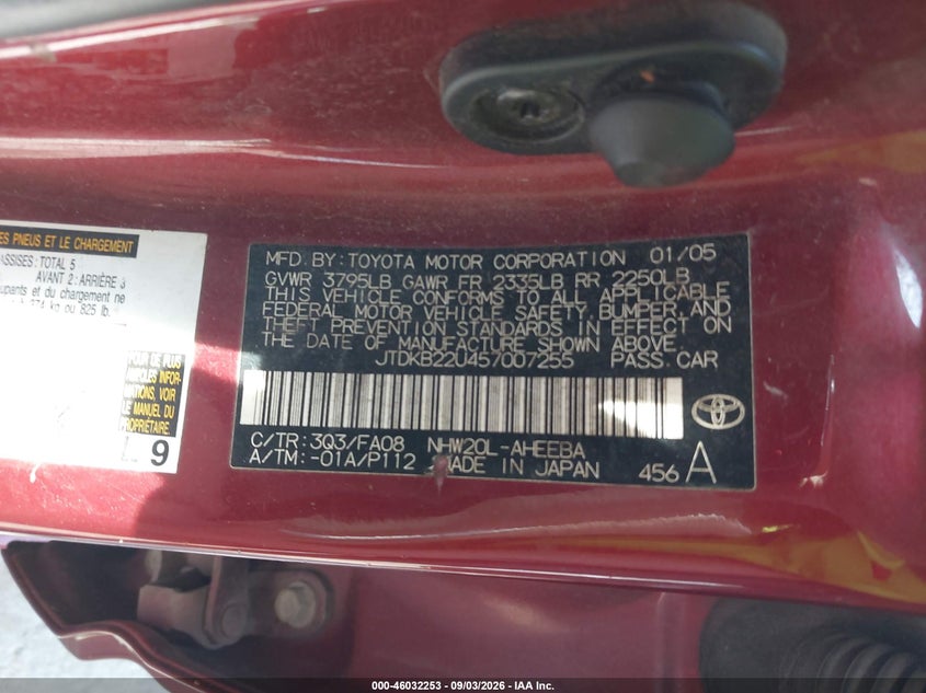 TOYOTA PRIUS 2005 VIN JTDKB22U457007255