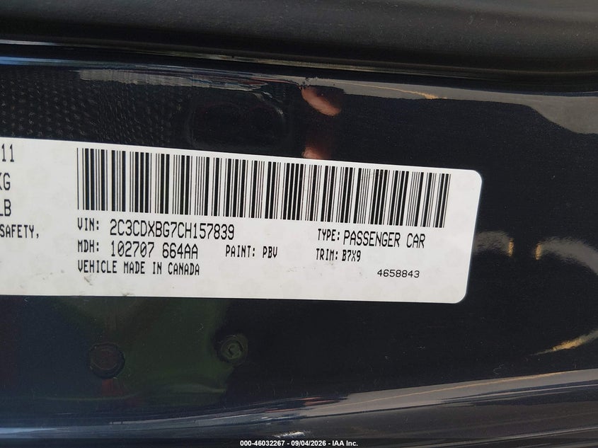 DODGE CHARGER 2012 VIN 2C3CDXBG7CH157839