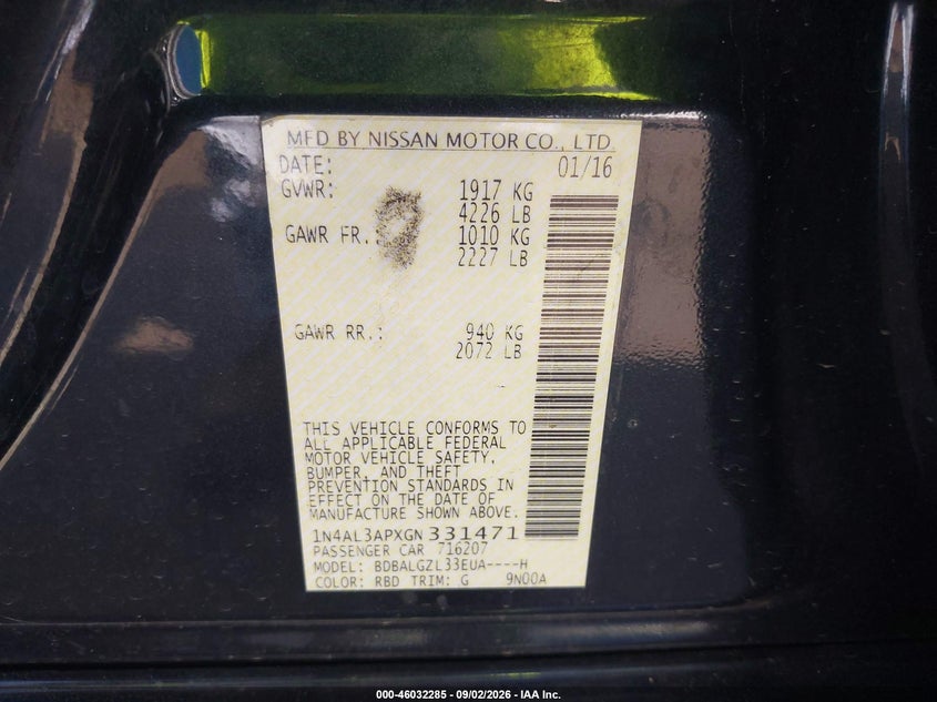 NISSAN ALTIMA 2016 VIN 1N4AL3APXGN331471