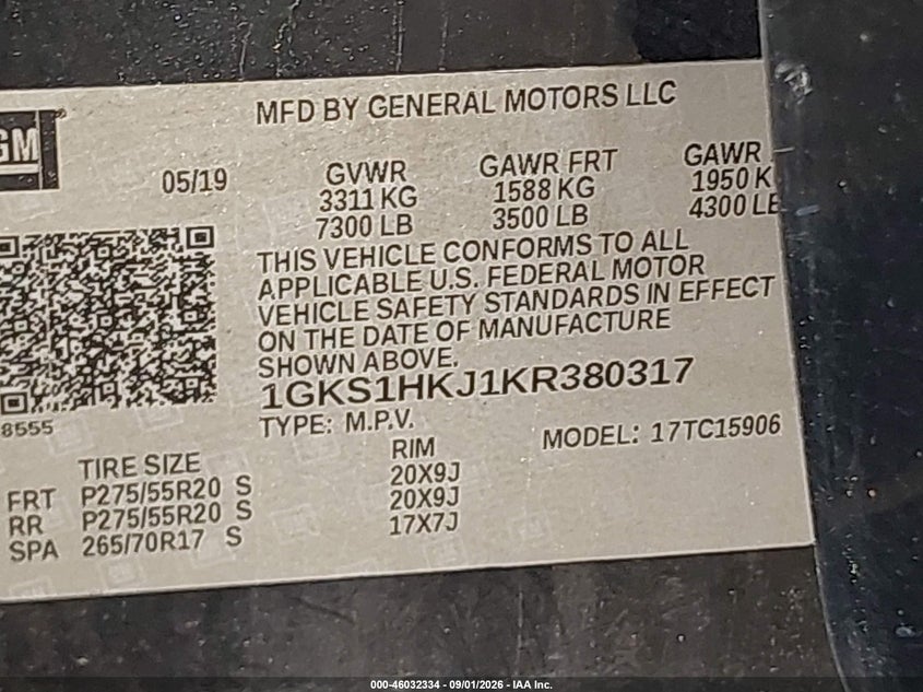 GMC YUKON XL 2019 VIN 1GKS1HKJ1KR380317