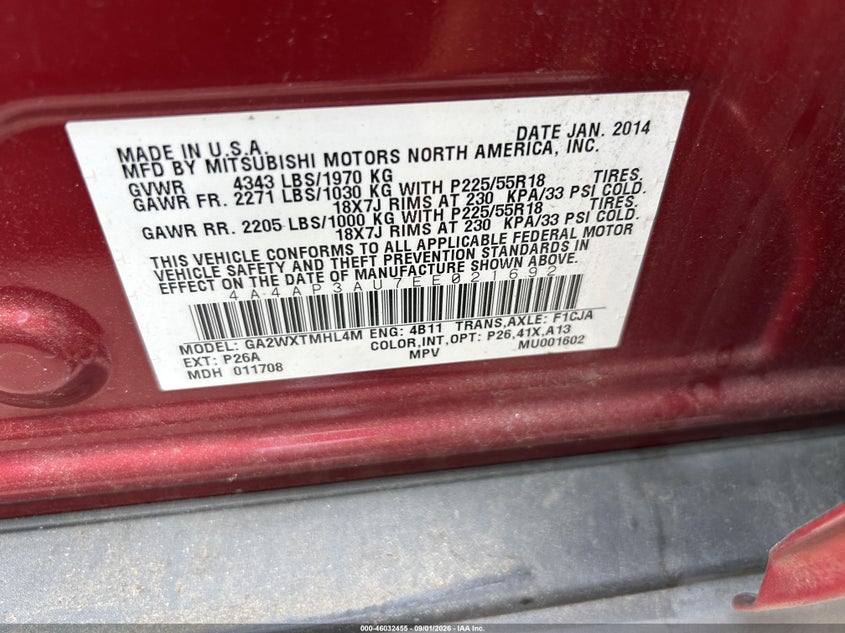 MITSUBISHI OUTLANDER SPORT 2014 VIN 4A4AP3AU7EE021692