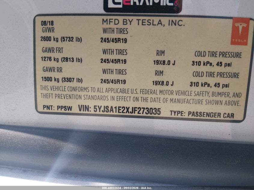 TESLA MODEL S 2018 VIN 5YJSA1E2XJF273035