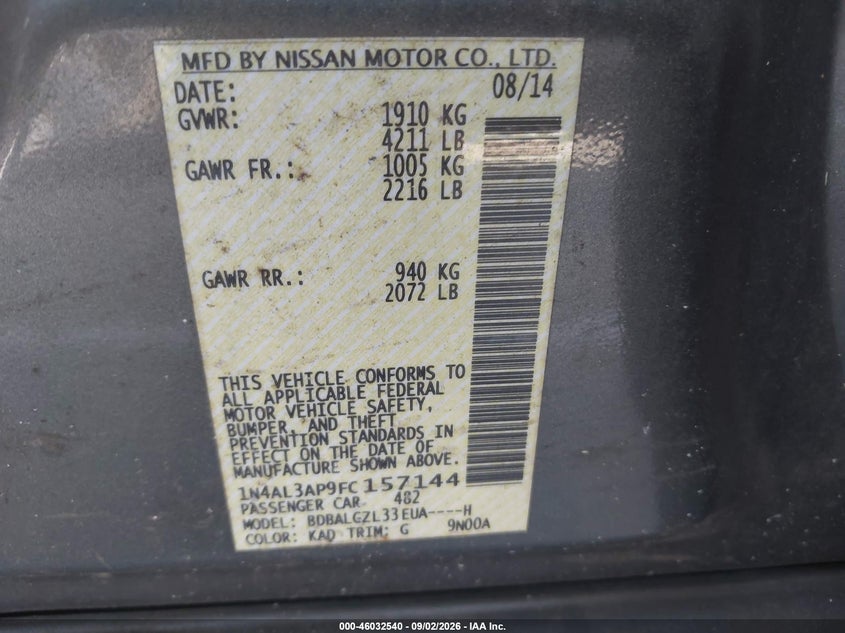 2015 NISSAN ALTIMA SEDAN 2.5L I-4 DOHC, VVT, REGULAR , 182HP