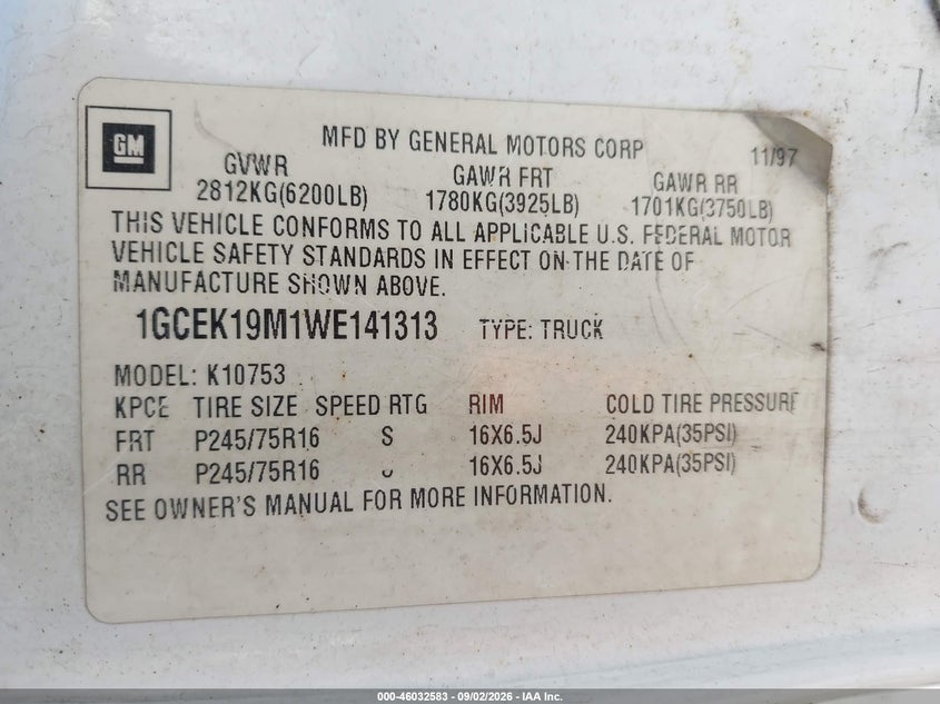 CHEVROLET K1500 1998 VIN 1GCEK19M1WE141313