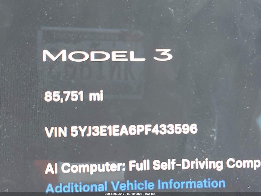 TESLA MODEL 3 2023 VIN 5YJ3E1EA6PF433596