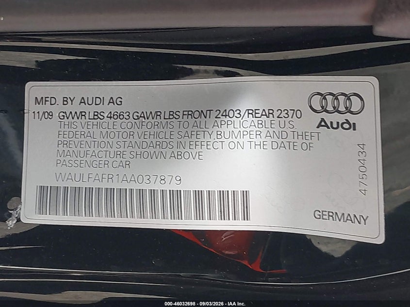 AUDI A5 2010 VIN WAULFAFR1AA037879