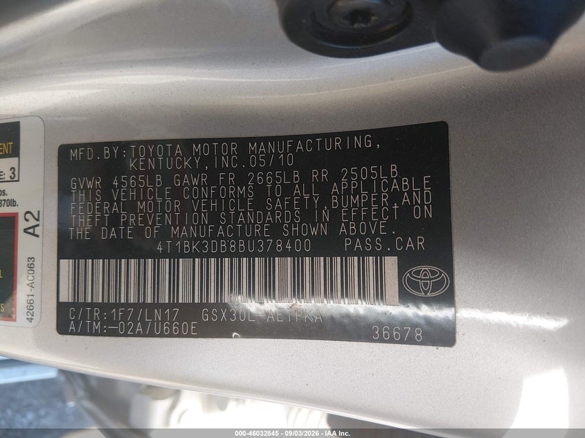TOYOTA AVALON 2011 VIN 4T1BK3DB8BU378400