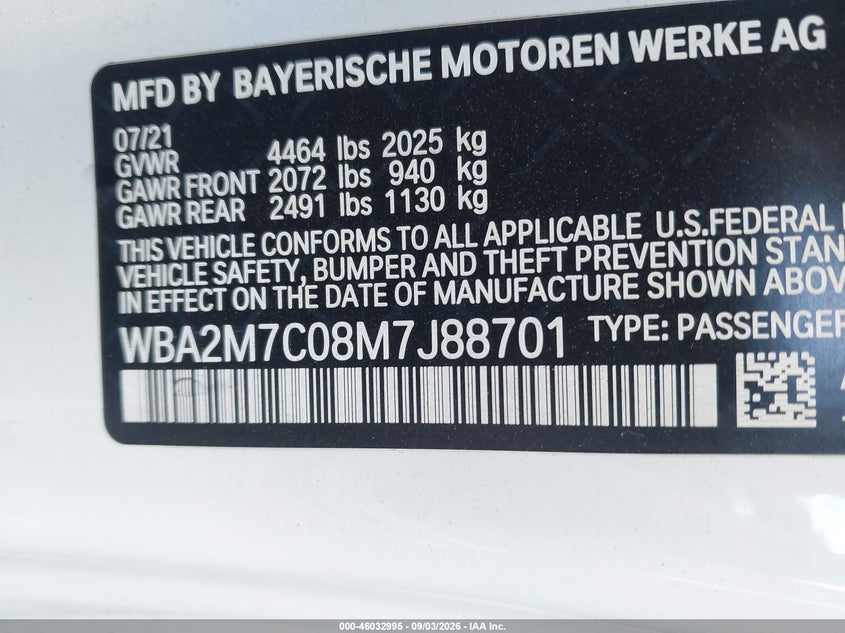 BMW 230I 2021 VIN WBA2M7C08M7J88701