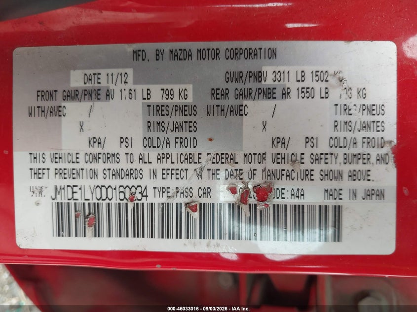 MAZDA MAZDA2 2013 VIN JM1DE1LY0D0160234