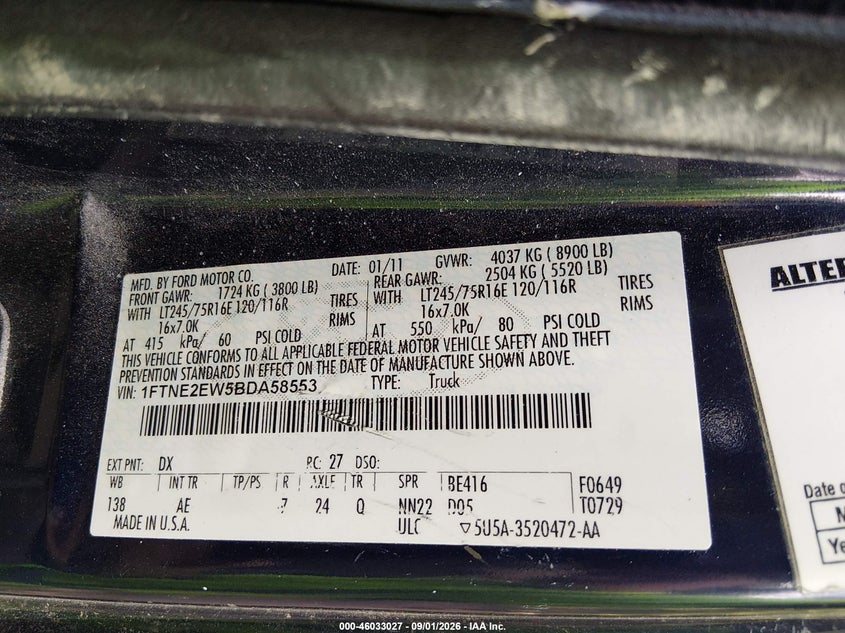 FORD E-250 2011 VIN 1FTNE2EW5BDA58553