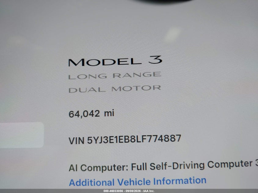 TESLA MODEL 3 2020 VIN 5YJ3E1EB8LF774887