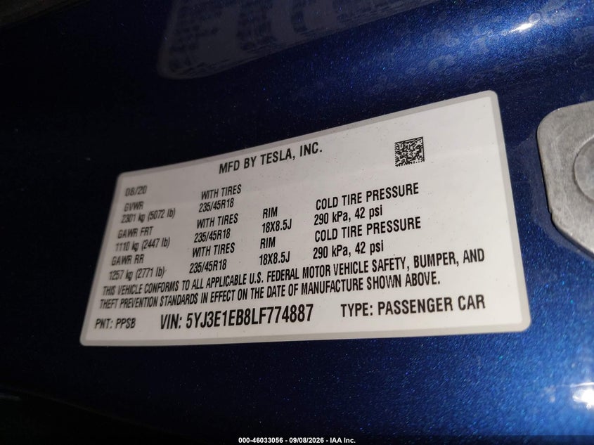 TESLA MODEL 3 2020 VIN 5YJ3E1EB8LF774887