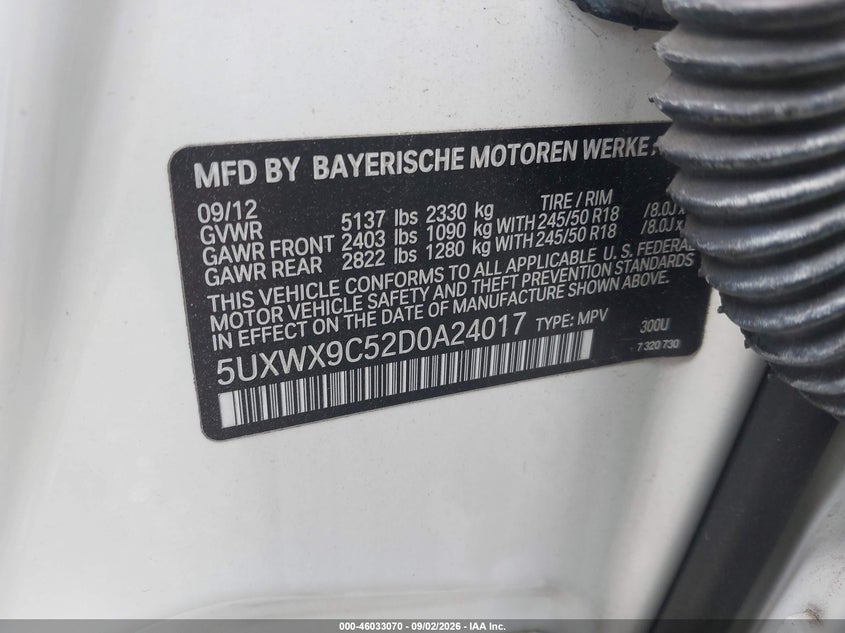 BMW X3 2013 VIN 5UXWX9C52D0A24017