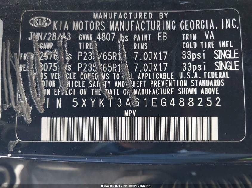 KIA SORENTO 2014 VIN 5XYKT3A61EG488252