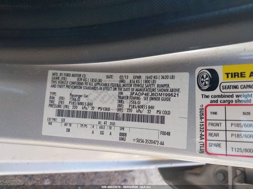 FORD FIESTA 2013 VIN 3FADP4EJ6DM199621