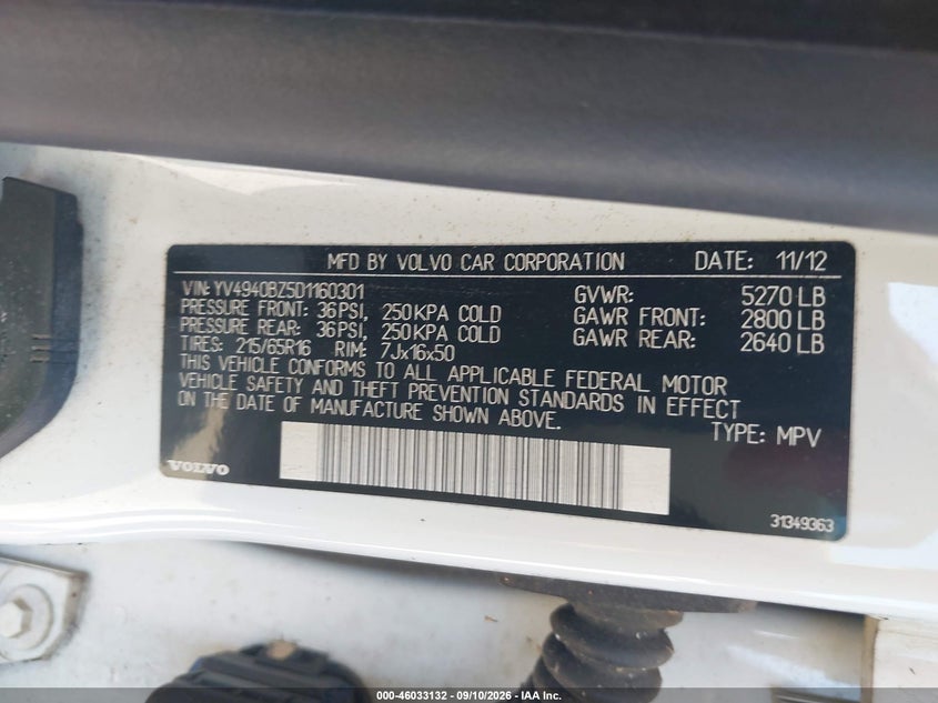 VOLVO XC70 2013 VIN YV4940BZ5D1160301